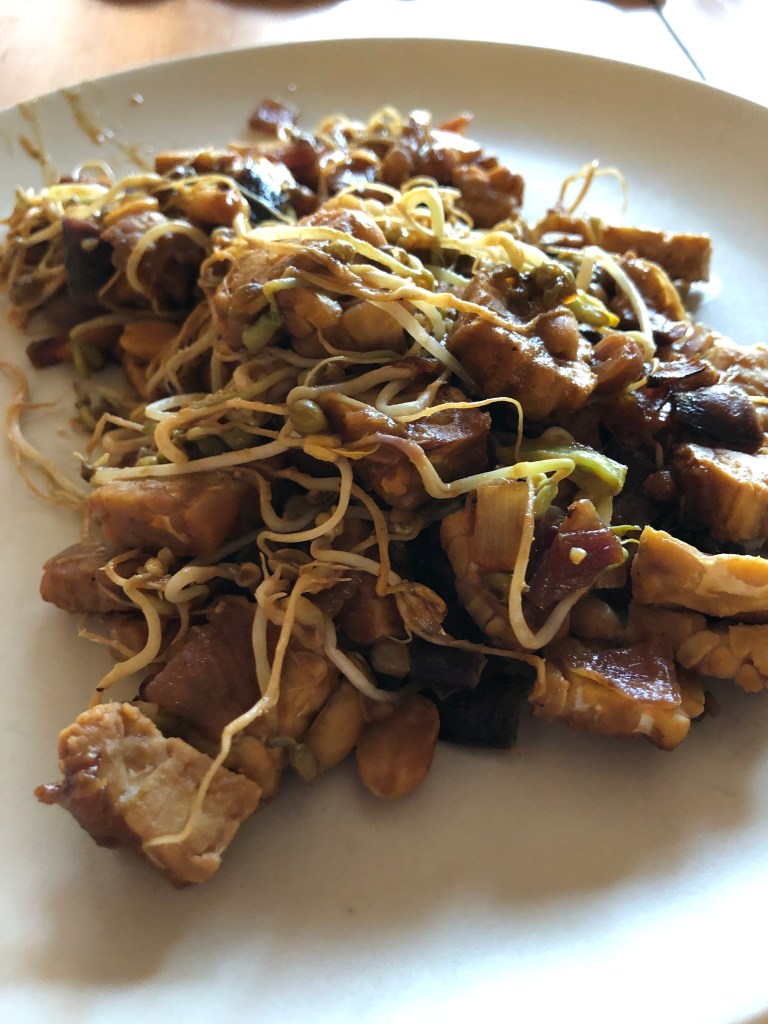 mung bean and tempeh stir fry on a plate