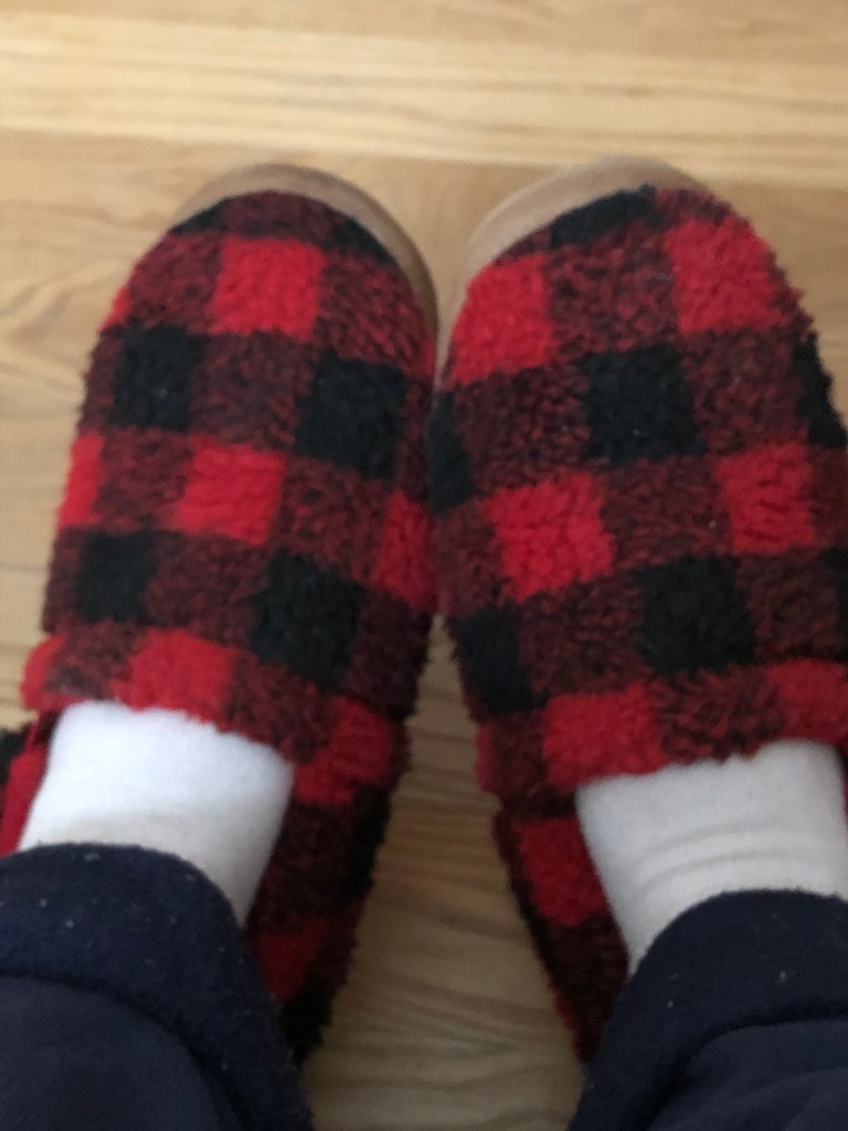 read and black buffalo plaid fleece slippers