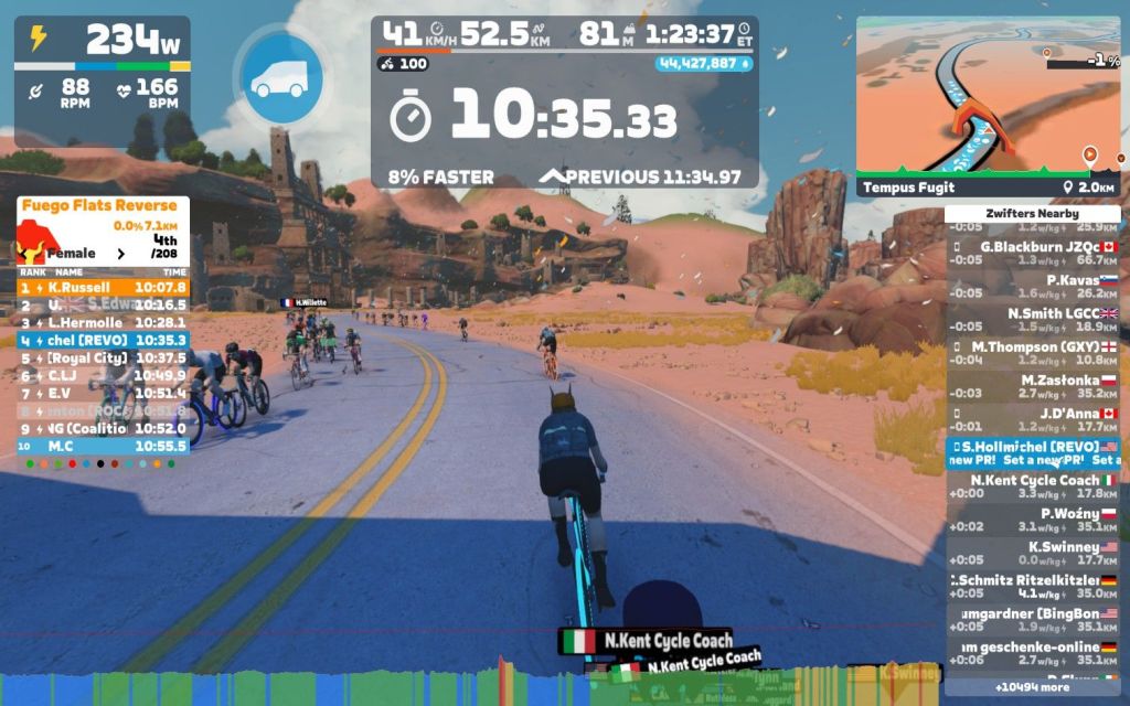 Zwift screen shot of avatar on a bike