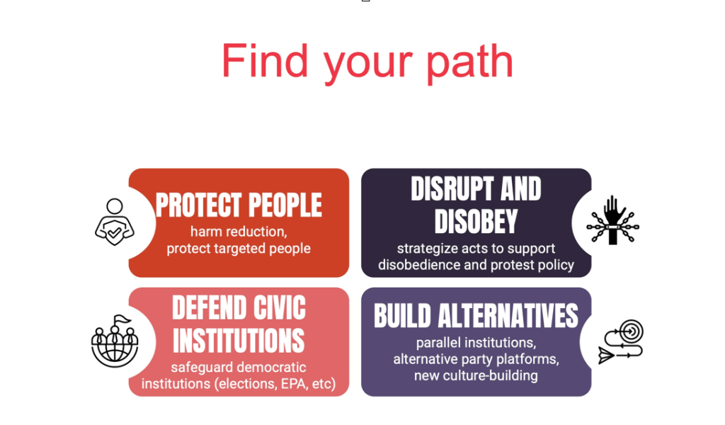 Graphic of four ways to engage: Protect People, disrupt and disobey, defend civiv institutions, and build alternatives.